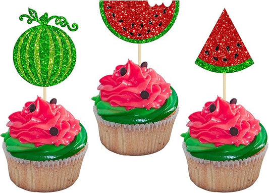 24Pcs Watermelon Cupcake Toppers One in a Melon Cupcake Picks Watermelon Fruit Cake Topper decorations for Baby Girl Birthday Party Cake Decorations Supplies