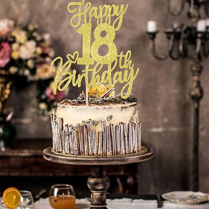 1 PCS Happy 18th Birthday Cake Topper Glitter Cheers to 18 Years Birthday Cake Pick Eighteen Hello 18 Fabulous Cake Decoration for Happy 18th Birthday Anniversary Party Decorations Supplies Gold
