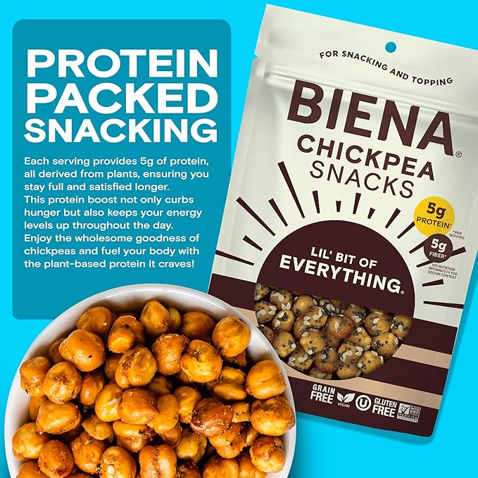 Biena Crispy Roasted Chickpea Snacks, Lil??Bit of Everything, High Protein Snacks, High Fiber Snacks, Gluten Free, Plant-Based, Non-GMO, Healthy Snacks for Adults and Kids, 4-Pack 5 Ounce Bags