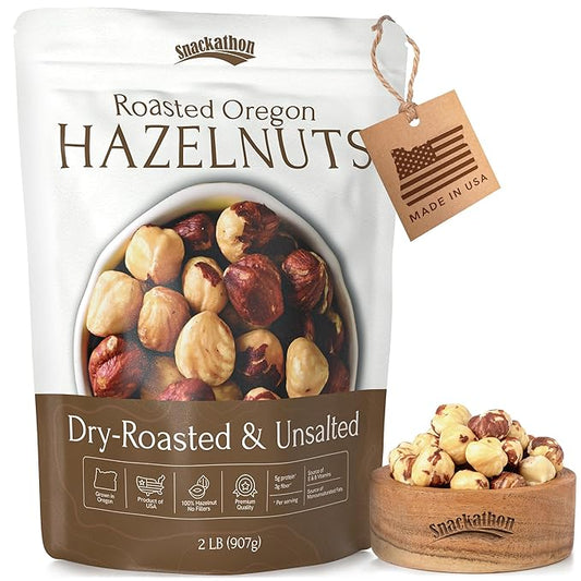 Snackathon Roasted Oregon Hazelnuts, Unsalted, Dry Roasted, Whole Filberts, Premium Natural Nuts Grown in USA, 2 LB Resealable Bag, Healthy Snack, Ideal for Baking, Nut Butters & Recipes