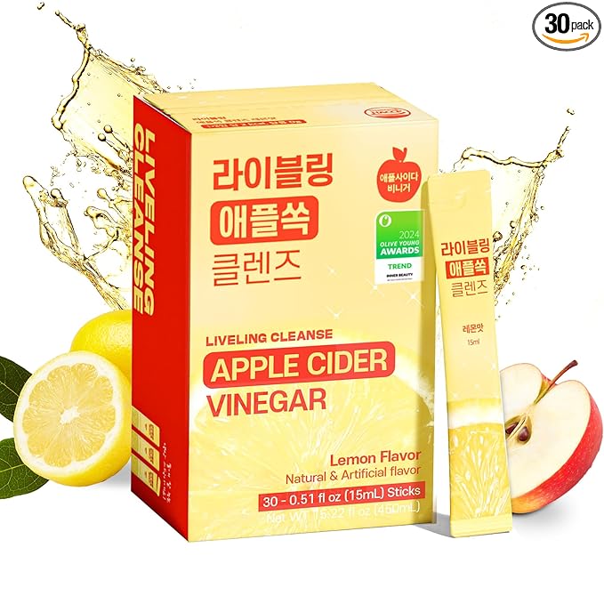 [Liveling] Apple Cider Vinegar Drink Stick ??Lemon Flavor | Supports Digestion, Daily Cleanse, Sugar-Free, Low-Calories, Portable On-The-Go Packets (30 sticks)