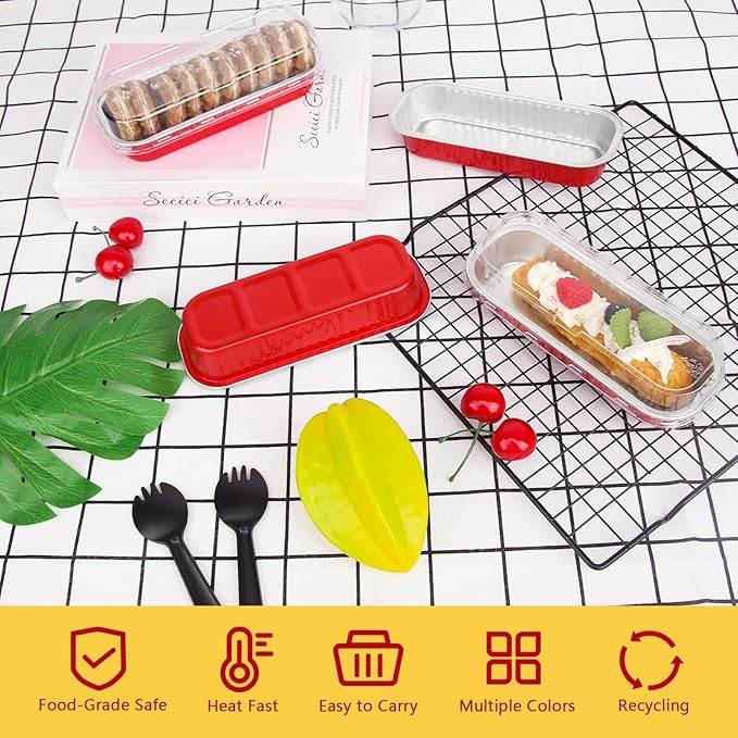 LNYZQUS Mini Baking Pans With Lids 50 Pack, 6.8oz Aluminum Foil Small Loaf Pans Tins Holders,Rectangle Baking Cups Muffin Tins,Disposable Ramekins Muffin Cups For Mini Cake Bread -Red