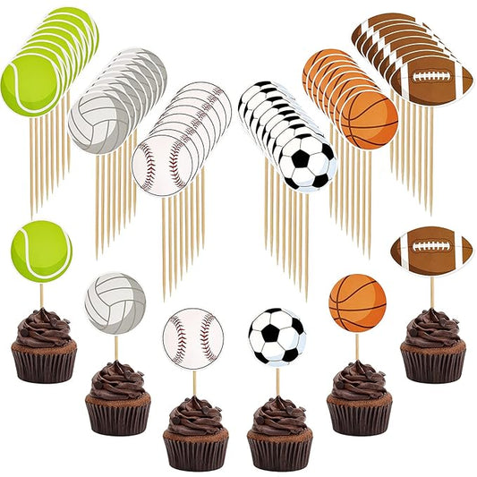 48 Pcs Sports Cupcake Toppers Cake Decorations, Sports Party Cupcake Picks, Baseball Basketball Soccer Football Tennis Volleyball Cake Toppers for Boy Kid Teen Adult Birthday Party Supplies, 6 Styles