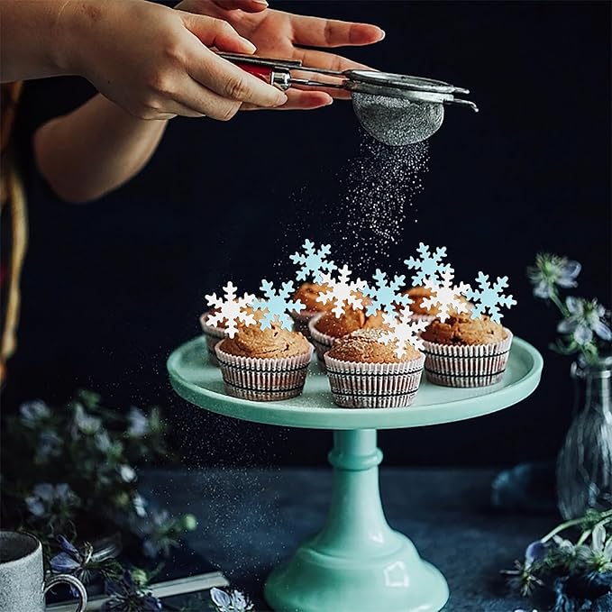 Rsstarxi 50 Pack Edible Snowflake Cupcake Toppers Baby Shower Cake Decorations Winter Frozen Snowflake Cake Toppers for Winter Theme Kids Birthday Party Cake Decorations Blue White