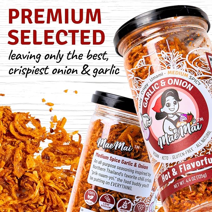 MaeMai Chili Crisp (MEDIUM HOT Spice) - Non-Oily Chili Crisp Topper, Rice Seasoning, Ramen Topper, Furikake, Umami Onion & Garlic Flakes | 4.41oz (125g) Resealable Bottle