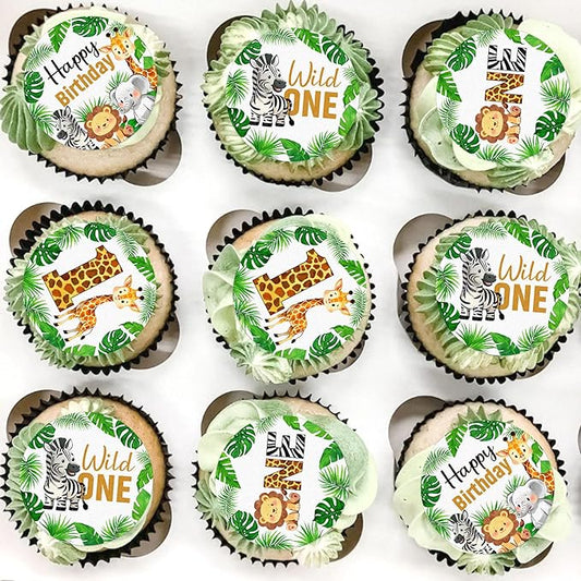 40 PCS Wildlife One Cupcake Toppers Wafer Paper Animal 1st Birthday Decorations Cupcake Toppers for Jungle Safari Animal Theme Baby Shower Kids Birthday Party Cake Decorations