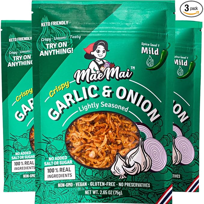 MaeMai Chili Crisp (MILD Spice) - Premium Onion & Garlic Flakes - Crispy All-Purpose Seasoning, Topper | Keto, vegan, gluten-free. Crunchy condiment for ramen add ons, rice seasoning, salads | 9.52 oz (3-PACK)
