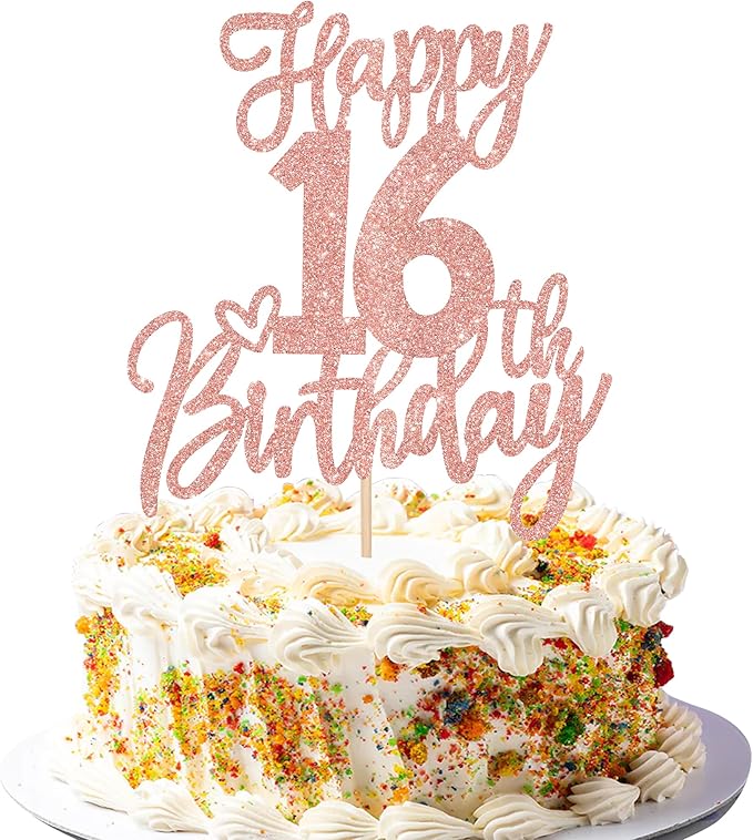 1 PCS Happy 16th Birthday Cake Topper Glitter Cheers to 16 Years Birthday Cake Pick Sixteen Sweet 16 Cake Decoration for Happy 16th Birthday Anniversary Theme Party Decorations Supplies Rose Gold