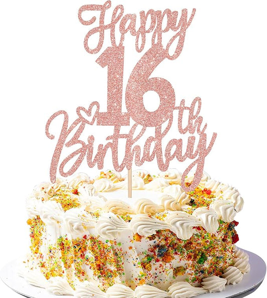 1 PCS Happy 16th Birthday Cake Topper Glitter Cheers to 16 Years Birthday Cake Pick Sixteen Sweet 16 Cake Decoration for Happy 16th Birthday Anniversary Theme Party Decorations Supplies Rose Gold