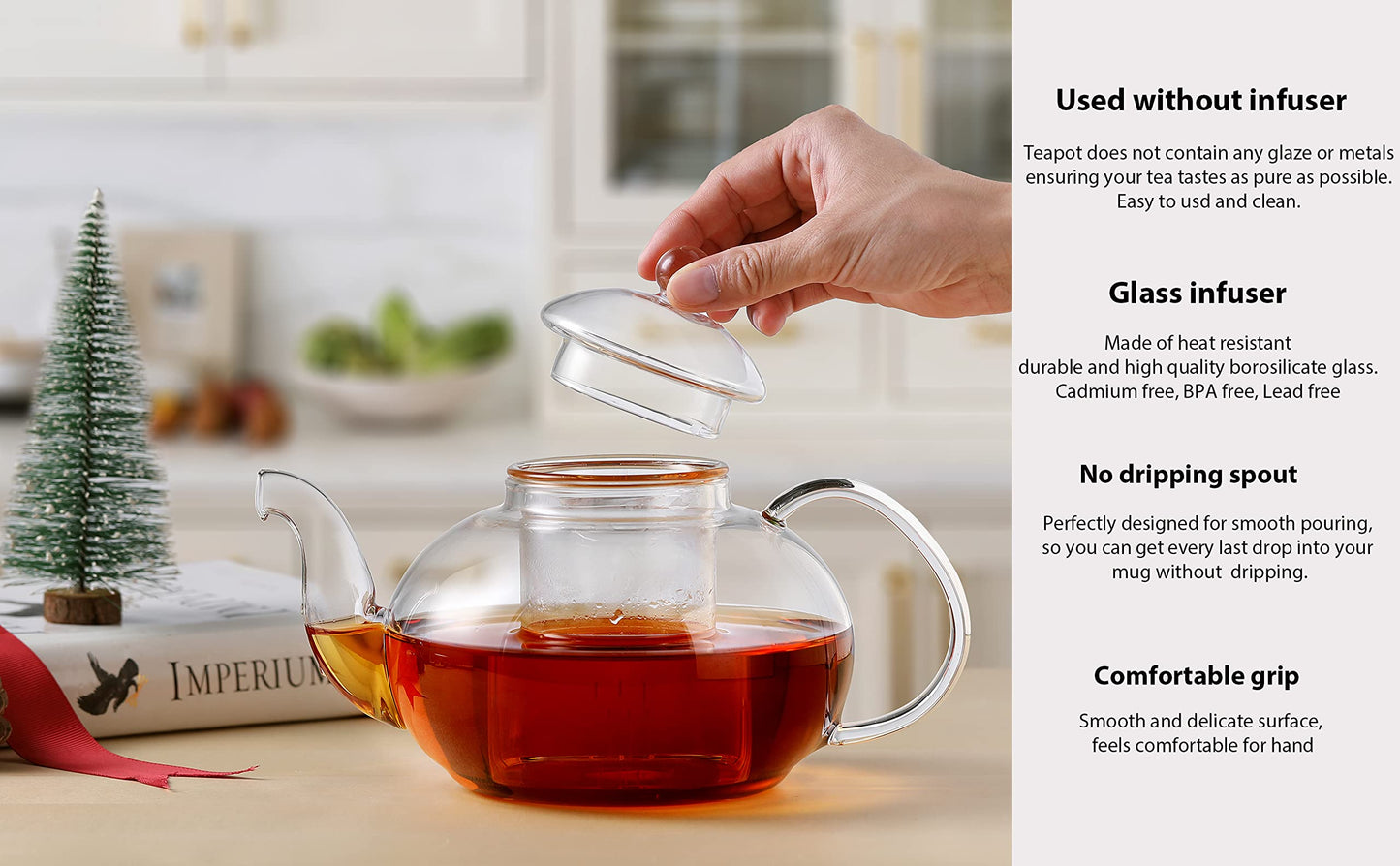 CNGLASS Glass Teapot Stovetop Safe,Clear Teapot with Removable Infuser 20.3 oz,Loose Leaf and