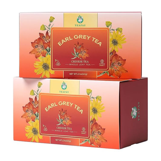 TEAFAY Earl Grey Tea ??20 Count (40 Cups), 100% Natural, Handpicked, Whole Leaf Pyramid Tea Bags, Individually Wrapped, Classic Bergamot Aroma, High Caffeine, Eco-Friendly