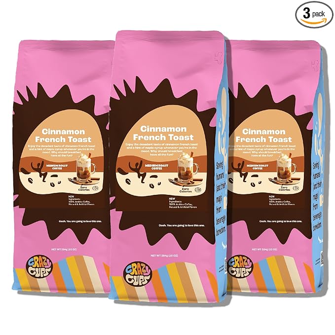 Crazy Cups Flavored Ground Coffee, Cinnamon French Toast, For Brewing Flavored Hot or Iced Coffee, 3 Pack