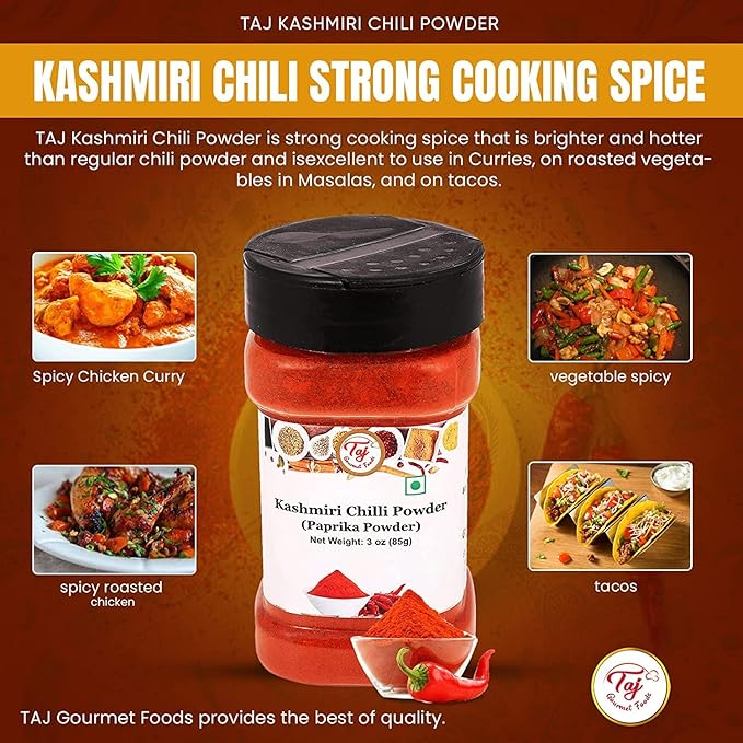TAJ Premium Indian Kashmiri Chilly Powder, (Deggi Mirch, Lal Mirch), Mild Hot (3-Ounce)