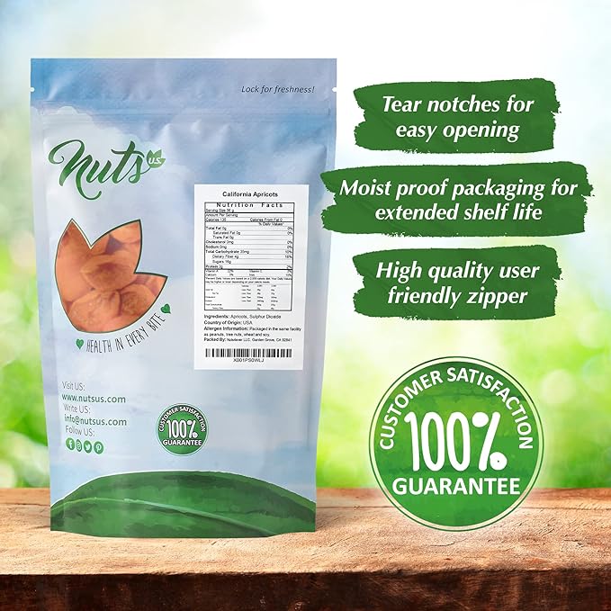 NUTS U.S. - California Sun Dried Fancy Apricots | Juicy and Tangy Flavor | No Sugar or Color Added | Gluten Free and NON-GMO | Apricots In Resealable Bags (1 LB)