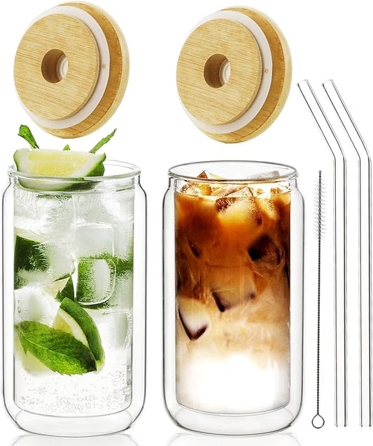 LIBWYS 13.5oz Double Wall Drinking Glass Cups with Bamboo Lids and Straws, 2 Pc Set ??Condensation Resistant Insulated Glass Can Tumblers for Cold Drinks, Iced Coffee, Tea, Juice, Cleaning Brush