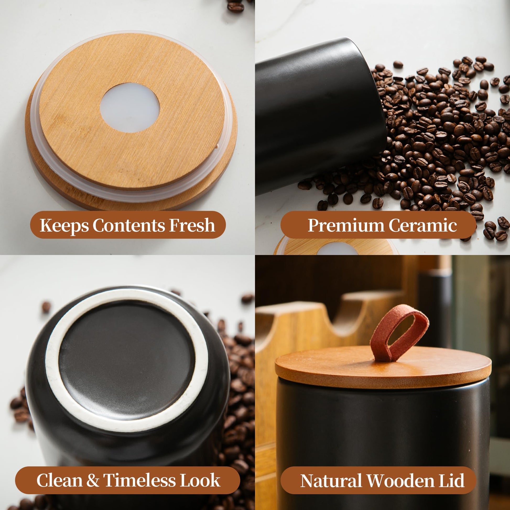 Mowtanco Ceramic Canister Set (30 oz, 48 oz, 82 oz) – Black Ceramic Jar Set with Airtight Bamboo