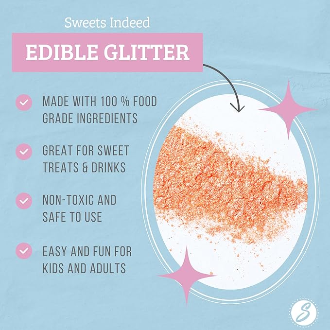 Sweets Indeed Edible Glitter, Perfect for Drinks, Cocktails, Beverages & Cake Decorating, Dessert Cake Topper, 4 grams (Orange Edible Glitter)