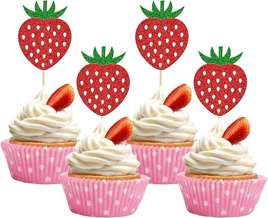 24Pcs Strawberry Cupcake Toppers Red Glitter Fruit Theme Strawberry Cupcake Pick Decorations for Summer Sweet Fruit Baby Shower Kids Birthday Party Cake Decorations Supplies