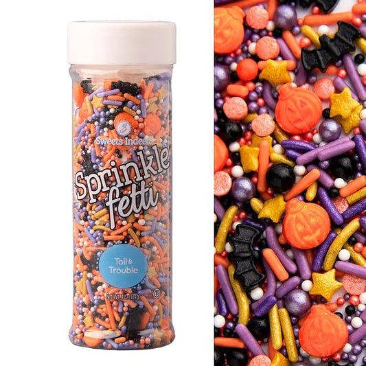 Sweets Indeed Toil & Trouble Halloween Sprinklefetti Mix ??4 oz Jar | Sprinkles with Pumpkins, Bats, Jimmies, Nonpareils, Sugar Pearls & Quins | Spooky Cookie & Cupcake Decorations