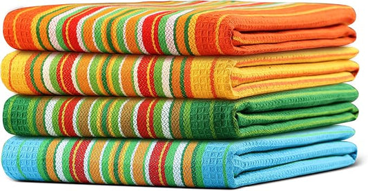 Salsa Stripe Kitchen Towels 100% Cotton Dish Towels for Kitchen Multi Color Highly Absorbent Multi-Purpose Waffle Dish Cloths for Cleaning Soft Hand Bar Towels 20x28 Inches (Set of 4)