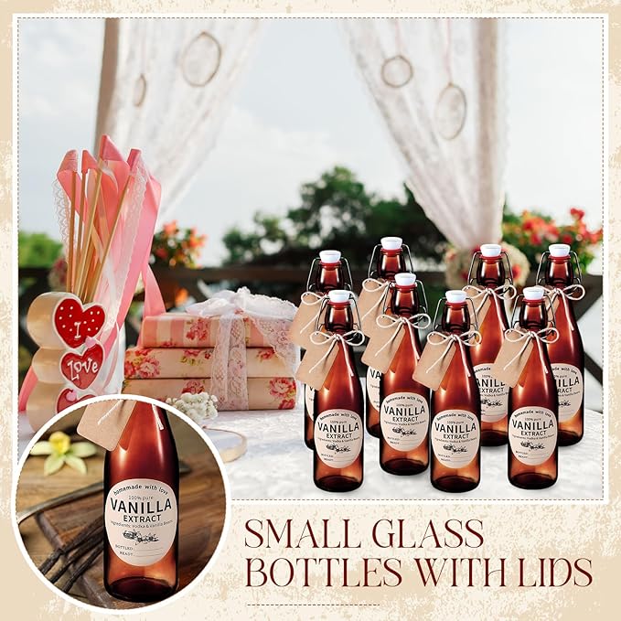 Vesici 12 Sets Swing Top Glass Bottles Set Amber Homemade Vanilla Extract Bottles with Stoppers Stickers Caps Jar Brush Funnel Rope Labels Vanilla Extract Jars for Holiday DIY Crafts (12 oz)