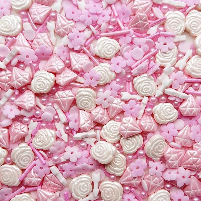 SE Si&Moos Pink Sprinkles Edible Pink Flowers for Cake Decorating Spring Sprinkles Cake Sugar Pearls Edible Icing Flowers Rose and Diamond Candy for Decorating Cake,Cupcake,Ice Cream,Donuts and Lollipops 3 OZ