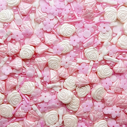 SE Si&Moos Pink Sprinkles Edible Pink Flowers for Cake Decorating Spring Sprinkles Cake Sugar Pearls Edible Icing Flowers Rose and Diamond Candy for Decorating Cake,Cupcake,Ice Cream,Donuts and Lollipops 3 OZ