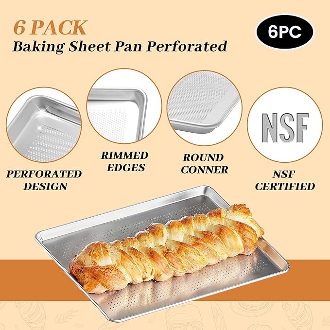 6 Pack Half Size Baking Sheet Pans Perforated, Aluminum Commercial Cookie Sheets Non-Stick, 18"x13"