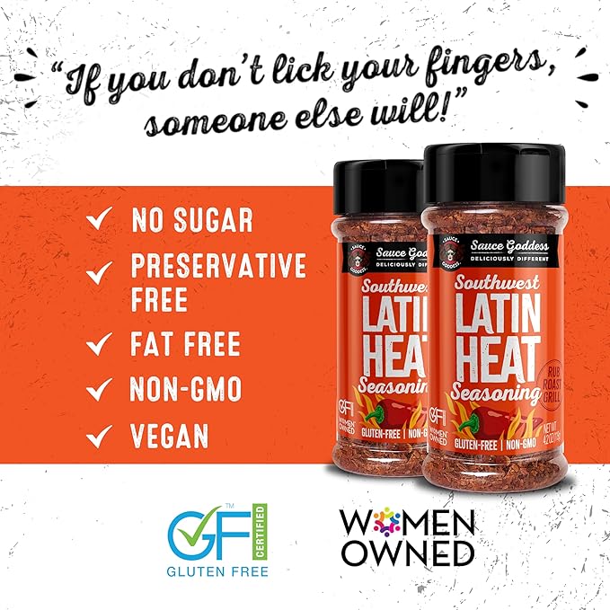 Sauce Goddess Southwest Latin Heat Shaker (2-Pack) - BBQ Rub with Tons of Cumin and Oregano Flavor, Cayenne, and New Mexican Red Chiles. No Sugar, Low in Sodium, Gluten-Free