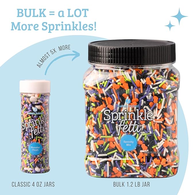 Sweets Indeed Bulk Halloween Sprinklefetti Mix ??1.2 lb Jar | Edible Sprinkles in Orange, Purple, Green, White & Black | Bulk Sprinkle Mix for Cookies, Cupcakes, Cakes & Party Desserts