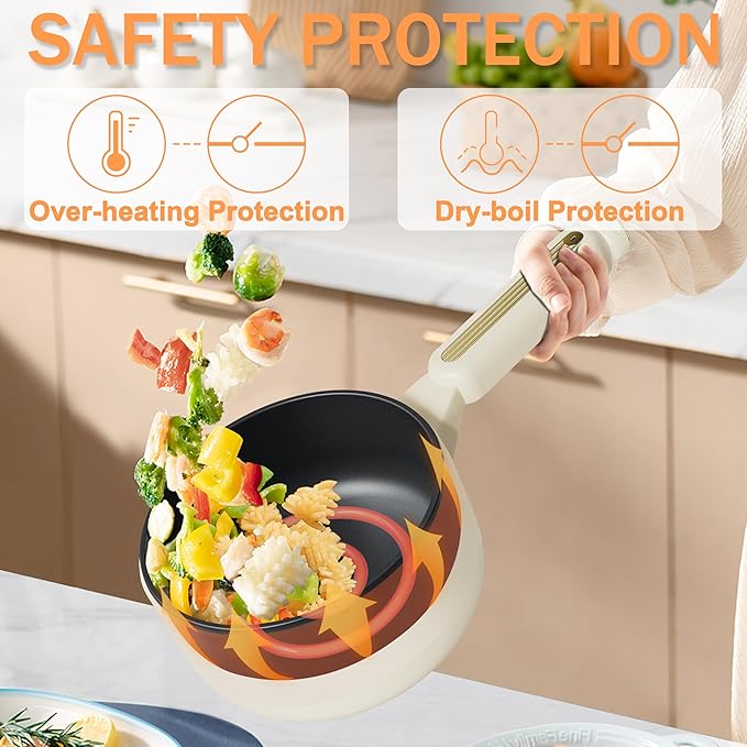 TOPWIT Hot Pot Electric with Steamer, 2L Multifunctional Electric Pot, Non-Stick Saut챕 Pan, Portable Pot for Steak, Fried Rice, Ramen, Soup with Dual Power Control (Silicone Spatula Included), Beige