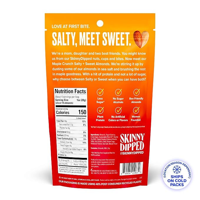 SkinnyDipped Salty + Sweet Maple Almond Crunch, Healthy Snack, Plant Protein, Gluten Free, 4 oz Resealable Bags, Pack of 5