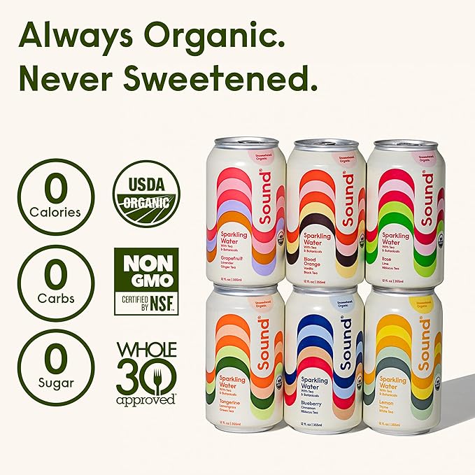 Sound Sparkling Water - Tangerine w/Lemongrass & Green Tea. Organic. Zero Calories. Zero Sugar. Non-GMO. Whole30. Clean Caffeinated Seltzer Water. 12 Fl oz (Pack of 12)