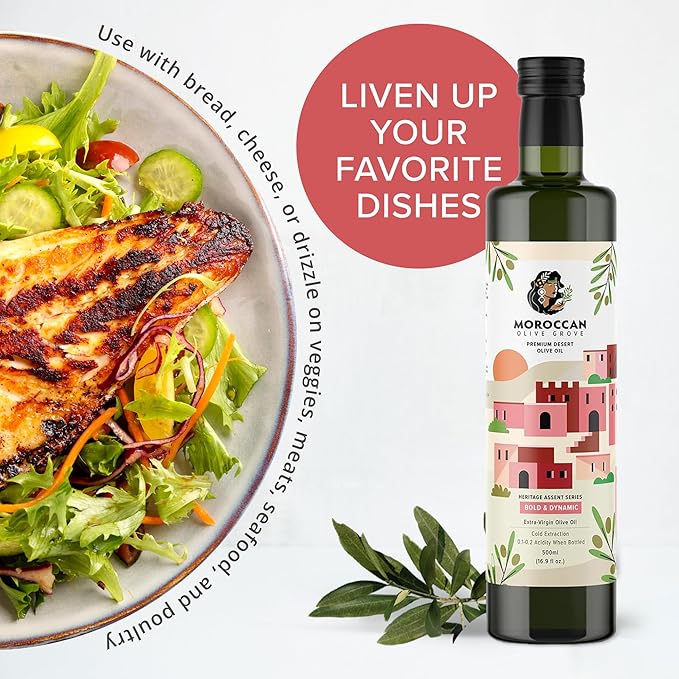 MOROCCAN OLIVE GROVE - The Red Olive Oil, Bold & Dynamic Cold-Pressed Desert Olive Oil Extra Virgin, Versatile Cooking Essential Made from Single-Origin Fresh Olives, 2-Pack, 500 ml per Bottle