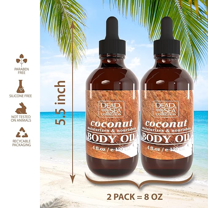 Dead Sea Collection Body Oil for Dry Skin- Scented Coconut ??Vitamin E Moisturizing & Nourishing, Anti-Aging & Skin Elasticity Support for Face Pack of 2 (4 Fl. Oz Each)