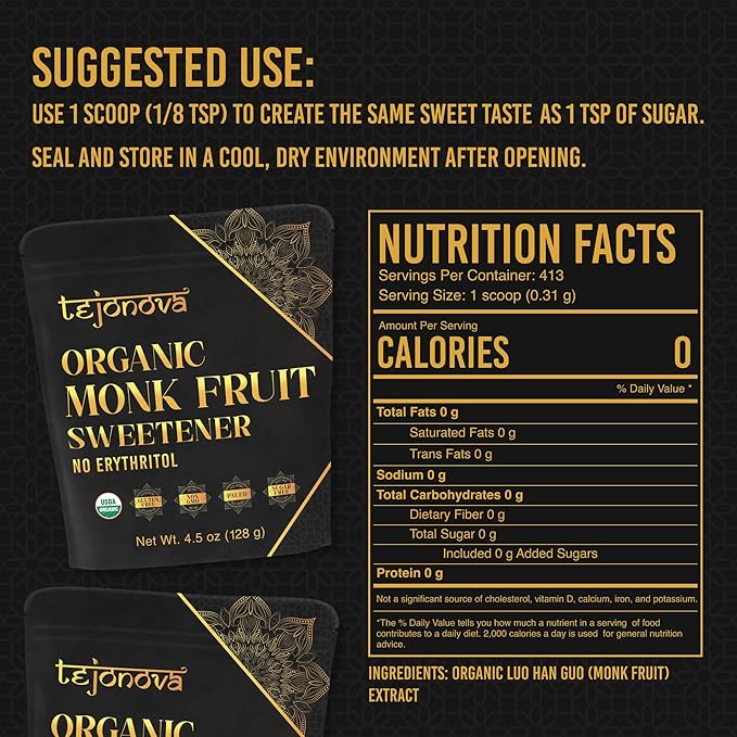 Organic Monk Fruit Powder, Pure Monk Fruit Sweetener No Erythritol, Monkfruit Sweetener Pure