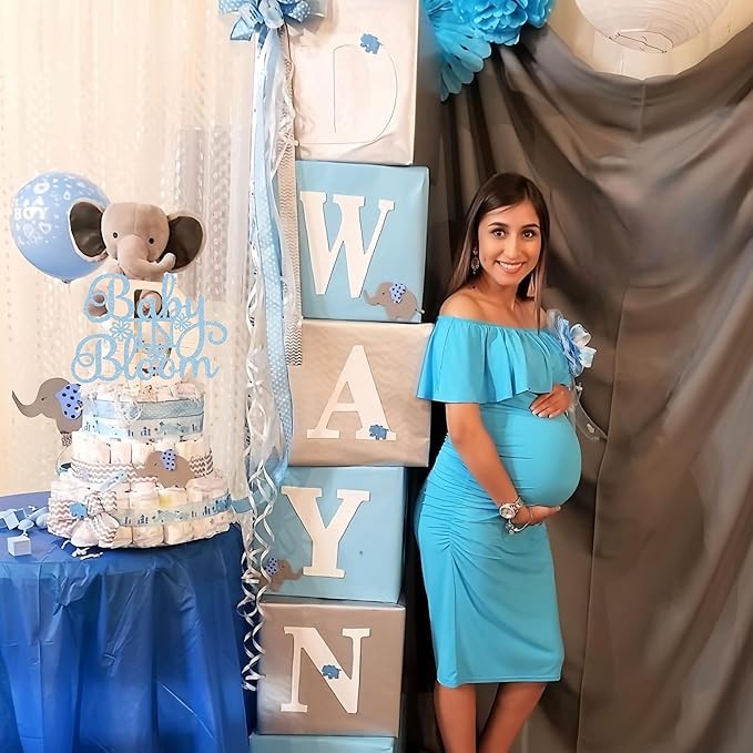 Baby in Bloom Cake Topper - Glitter Light Blue Baby Shower Cake Decorations for Boy or Girl, for Baby Birthday Party or Gender Reveal Party Photo Booth Props