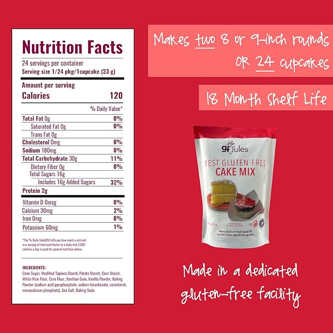 gfJules Certified Gluten Free Cake Baking Mix | Makes 2 Layer Cakes or 24 cupcakes | No Grit, Non-GMO, Vegan | Certified Top 9 Allergen-Free & Kosher | 29 Ounces