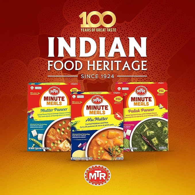 MTR - Minute Meals: Aloo Mutter - Curried Potatoes and Peas - Authentic Indian Ready-to-Eat Meal with No Added Preservatives - A Quick Meal Suitable for Vegetarians, Ready in Minutes! (Pack of 6)