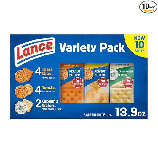 Lance Sandwich Crackers, Variety Pack, 3 Flavors, 10 Individually Wrapped Packs, 6 Sandwiches Each