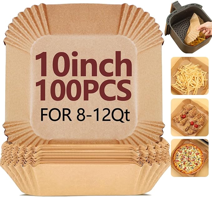 10 Inch Air Fryer Liners Disposable-100PCS Square Parchment Paper Liners,Heat Resistant & Non-Stick,Unbleached Liners for Air Fryer,Oven,Roasting,Baking,Microwave竊뉰ottom is 9 Inchç«?,<div>