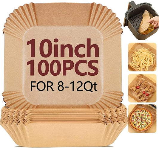10 Inch Air Fryer Liners Disposable-100PCS Square Parchment Paper Liners,Heat Resistant & Non-Stick,Unbleached Liners for Air Fryer,Oven,Roasting,Baking,Microwave竊뉰ottom is 9 Inchç«?,<div>