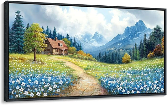 CHATYOUNG Large Mountains Wall Art, Rustic Blue Forest Wild Flowers Wall Picture Path Cottage Landscape Framed Wall Paintings for Living Room Bedroom kitchen Home Decor Gifts for Women 29"X58"