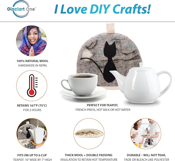 Glaciart One Wool Teapot Cozy Kettle Cover | Dome Shaped Large Tea Cosy, Kettle or French Press | Handmade & Needle Felted from Natural Wool | Warms Up to 2 Hours | Great as Gift