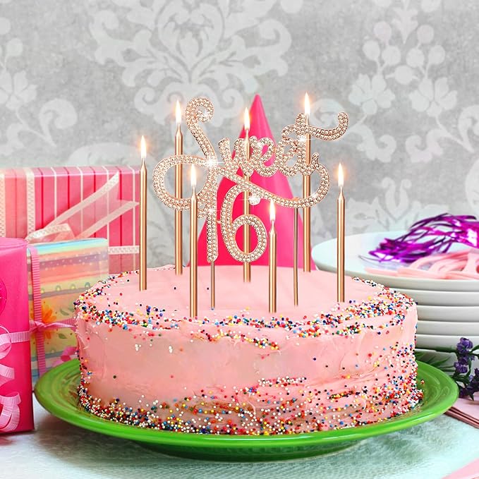 Tondiamo Sweet 16 Birthday Decorations Rhinestone Sweet 16 Cake Toppers 20 Pcs Metallic Happy Birthday Candles 16 Cake Decorations for Cupcake Decor(Rose Gold)