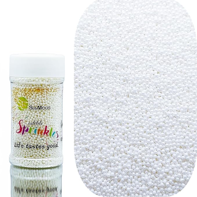 SE Si&Moos Nonpareil Sprinkles, 2mm White Mini Edible Pearls White Sprinkles for Cake Decorating Halloween Cookie Decorations Wedding Shower Party Christmas Holiday Supplies 3.5 OZ