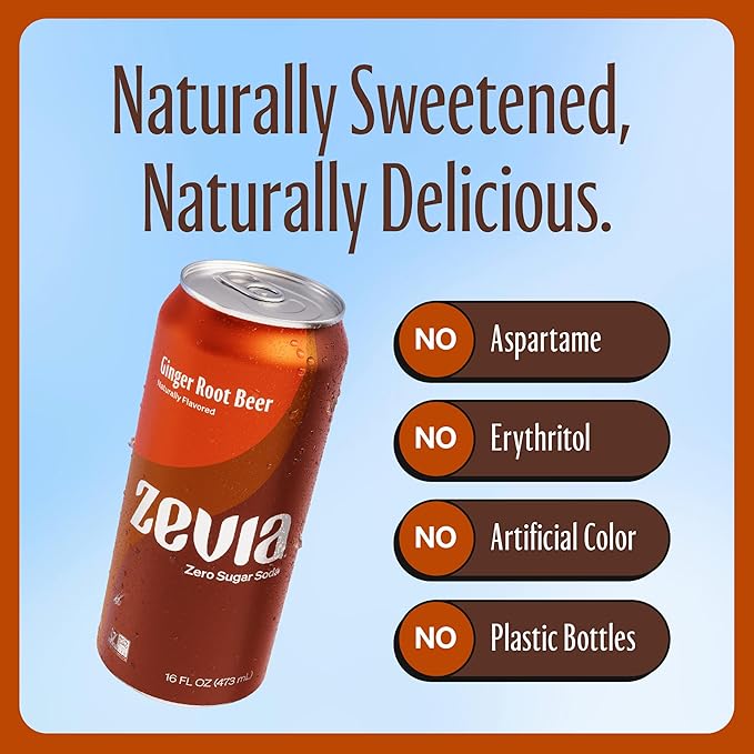 Zevia Zero Sugar Soda, Ginger Root Beer, 16 oz Cans (12-Pack) ??Naturally Sweetened, Non-GMO Project Verified, Gluten-Free, Vegan