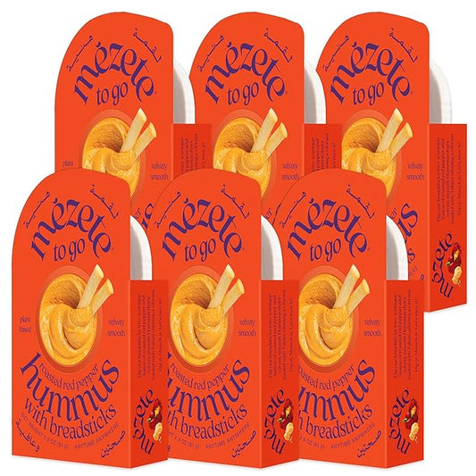 Mezete Roasted Red Pepper Hummus | Tahini Rich Chickpea Dip with Breadsticks | All Natural | On the Go | Plant Based | Preservative-Free | Shelf-Stable | Backpack Friendly | 81g (Pack of 6)
