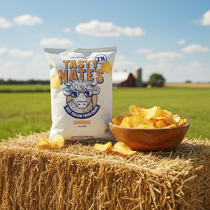 Tasty Nate???Beef Tallow Potato Chips - Original Sea Salt, Fried in 100% Beef Tallow - Seed Oil Free Chips, Paleo Snacks for Adults, 7oz Bag - Pack of 2