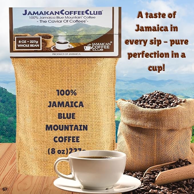 JamaicanCoffeeClub 100% Blue Mountain Whole Bean Coffee ??WB 8oz Jamaican Roasted Beans, Smooth Rich Flavor, Handpicked Gourmet Beans, Bold Medium Roast ??Fresh Pack, Premium Jamaican Coffee
